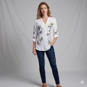 Dolcezza Women's White Graphic Button-Down Shirt Size Med